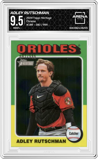 Adley Rutschman from the 2024 Topps Heritage set featuring a Chrome parallel graded by Arena Club and given an overall grade of 9.5.