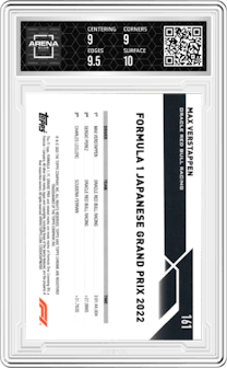 Max Verstappen from the 2023 Topps Chrome Sapphire Edition Formula 1 set graded by Arena Club and given an overall grade of 9.5.