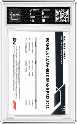 Max Verstappen from the 2023 Topps Chrome Sapphire Edition Formula 1 set graded by Arena Club and given an overall grade of 9.5.