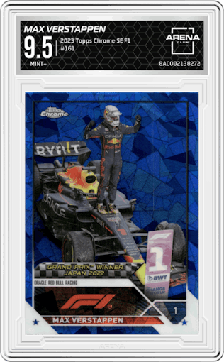 Max Verstappen from the 2023 Topps Chrome Sapphire Edition Formula 1 set graded by Arena Club and given an overall grade of 9.5.
