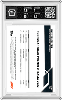 Max Verstappen from the 2023 Topps Chrome Sapphire Edition Formula 1 set graded by Arena Club and given an overall grade of 9.5.