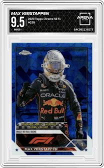 Max Verstappen from the 2023 Topps Chrome Sapphire Edition Formula 1 set graded by Arena Club and given an overall grade of 9.5.