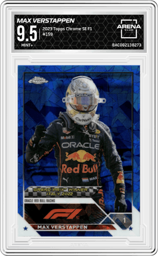 Max Verstappen from the 2023 Topps Chrome Sapphire Edition Formula 1 set graded by Arena Club and given an overall grade of 9.5.