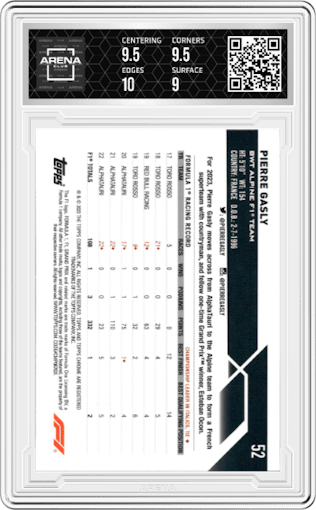 Pierre Gasly from the 2023 Topps Chrome Sapphire Edition Formula 1 set featuring a Gold parallel graded by Arena Club and given an overall grade of 9.5.