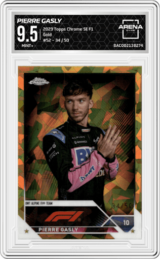 Pierre Gasly from the 2023 Topps Chrome Sapphire Edition Formula 1 set featuring a Gold parallel graded by Arena Club and given an overall grade of 9.5.