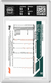 Fernando Alonso from the 2023 Topps Chrome Sapphire Edition Formula 1 set featuring a Aqua Sapphire parallel graded by Arena Club and given an overall grade of 9.5.