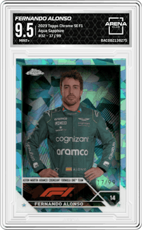 Fernando Alonso from the 2023 Topps Chrome Sapphire Edition Formula 1 set featuring a Aqua Sapphire parallel graded by Arena Club and given an overall grade of 9.5.