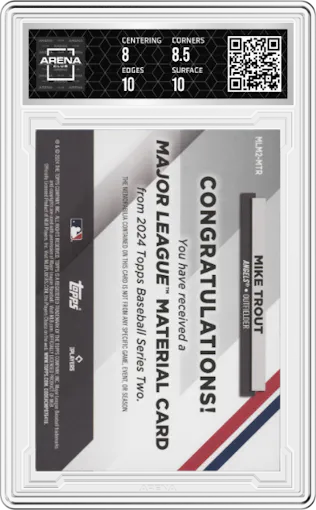 Mike Trout from the 2024 Topps  set graded by Arena Club and given an overall grade of 8.5.