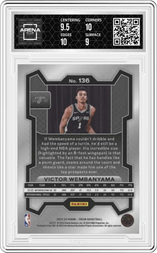 Victor Wembanyama from the 2023-24 Panini Prizm set graded by Arena Club and given an overall grade of 9.5.