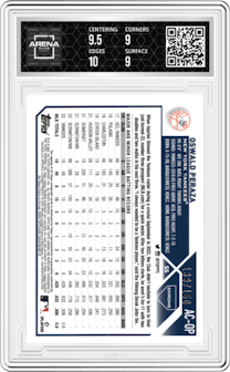 Oswald Peraza from the 2023 Topps Chrome Update set featuring a Blue RayWave Refractor parallel graded by Arena Club and given an overall grade of 9.5.