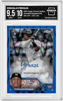 Oswald Peraza from the 2023 Topps Chrome Update set featuring a Blue RayWave Refractor parallel graded by Arena Club and given an overall grade of 9.5.