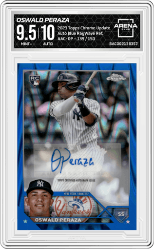 Oswald Peraza from the 2023 Topps Chrome Update set featuring a Blue RayWave Refractor parallel graded by Arena Club and given an overall grade of 9.5.