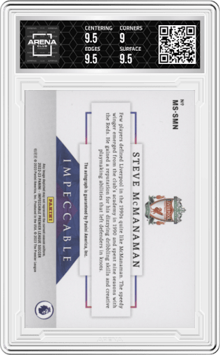 Steve McManaman from the 2022-23 Panini Impeccable Premier League Soccer set graded by Arena Club and given an overall grade of 9.5.