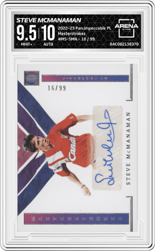 Steve McManaman from the 2022-23 Panini Impeccable Premier League Soccer set graded by Arena Club and given an overall grade of 9.5.