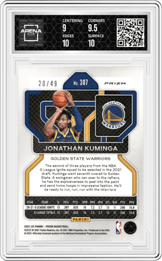  Jonathan Kuminga  from the 2021-22 Panini Prizm  set featuring a Orange Prizm parallel graded by Arena Club and given an overall grade of 9.5.