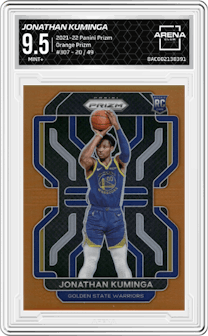  Jonathan Kuminga  from the 2021-22 Panini Prizm  set featuring a Orange Prizm parallel graded by Arena Club and given an overall grade of 9.5.