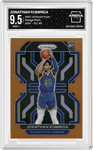  Jonathan Kuminga  from the 2021-22 Panini Prizm  set featuring a Orange Prizm parallel graded by Arena Club and given an overall grade of 9.5.