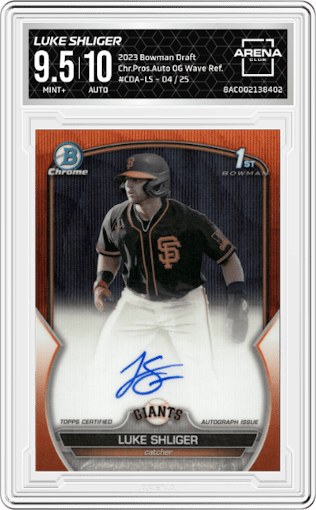 Luke Shliger from the 2023 Bowman Draft set featuring a Orange Wave Refractor parallel graded by Arena Club and given an overall grade of 9.5.