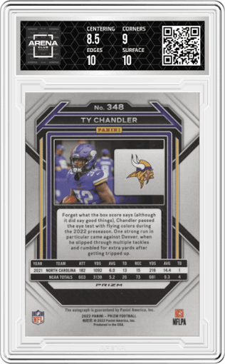 Ty Chandler from the 2022 Panini Prizm set graded by Arena Club and given an overall grade of 9.