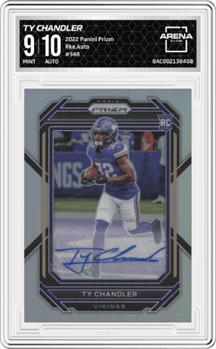 Ty Chandler from the 2022 Panini Prizm set graded by Arena Club and given an overall grade of 9.
