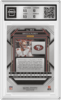 Brock Purdy from the 2022 Panini Prizm set graded by Arena Club and given an overall grade of 10.
