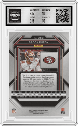 Brock Purdy from the 2022 Panini Prizm set graded by Arena Club and given an overall grade of 10.