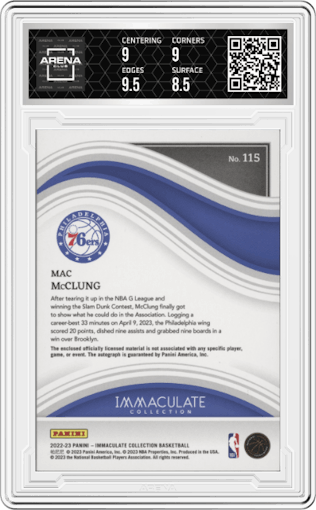 Mac McClung from the 2022-23 Panini Immaculate Collection set graded by Arena Club and given an overall grade of 9.