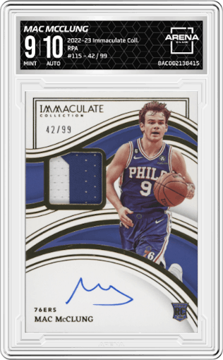 Mac McClung from the 2022-23 Panini Immaculate Collection set graded by Arena Club and given an overall grade of 9.