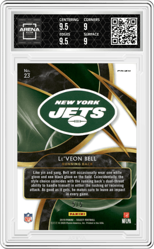 Le'Veon Bell from the 2019 Panini Select  set featuring a Green Prizm parallel graded by Arena Club and given an overall grade of 9.5.