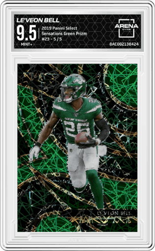 Le'Veon Bell from the 2019 Panini Select  set featuring a Green Prizm parallel graded by Arena Club and given an overall grade of 9.5.