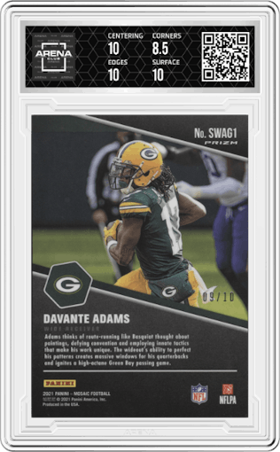 Davante Adams from the 2021 Panini Mosaic set featuring a Gold Mosaic  parallel graded by Arena Club and given an overall grade of 9.
