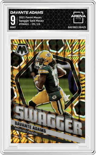 Davante Adams from the 2021 Panini Mosaic set featuring a Gold Mosaic  parallel graded by Arena Club and given an overall grade of 9.