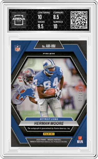 Herman Moore from the 2023 Panini Mosaic set featuring a Red Mosaic parallel graded by Arena Club and given an overall grade of 9.