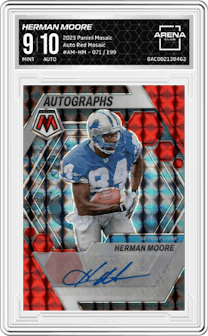 Herman Moore from the 2023 Panini Mosaic set featuring a Red Mosaic parallel graded by Arena Club and given an overall grade of 9.