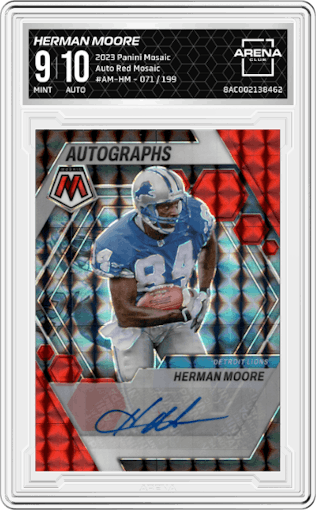 Herman Moore from the 2023 Panini Mosaic set featuring a Red Mosaic parallel graded by Arena Club and given an overall grade of 9.