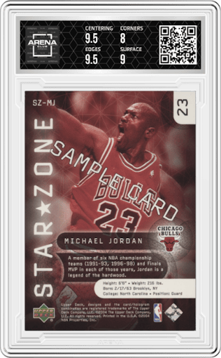 Michael Jordan from the 2004 Upper Deck All Star Game Promos set featuring a Sample parallel graded by Arena Club and given an overall grade of 8.5.