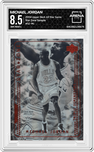 Michael Jordan from the 2004 Upper Deck All Star Game Promos set featuring a Sample parallel graded by Arena Club and given an overall grade of 8.5.
