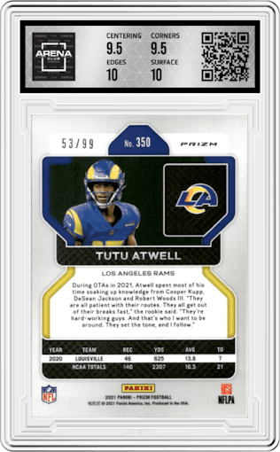 Tutu Atwell from the 2021 Panini Prizm set featuring a Blue Ice parallel graded by Arena Club and given an overall grade of 10.