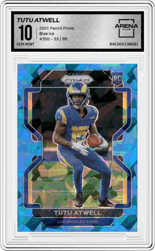 Tutu Atwell from the 2021 Panini Prizm set featuring a Blue Ice parallel graded by Arena Club and given an overall grade of 10.