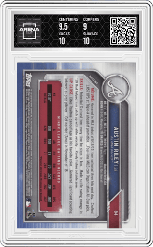 Austin Riley from the 2019 Bowman Chrome set featuring a Purple Refractor parallel graded by Arena Club and given an overall grade of 9.5.