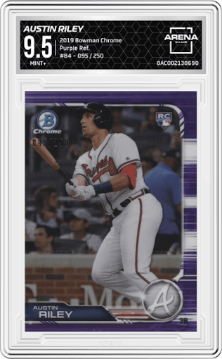 Austin Riley from the 2019 Bowman Chrome set featuring a Purple Refractor parallel graded by Arena Club and given an overall grade of 9.5.
