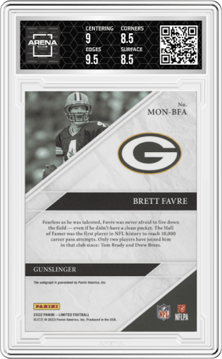 Brett Favre from the 2022 Panini Limited set featuring a Emerald Spotlight parallel graded by Arena Club and given an overall grade of 9.