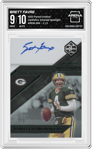 Brett Favre from the 2022 Panini Limited set featuring a Emerald Spotlight parallel graded by Arena Club and given an overall grade of 9.