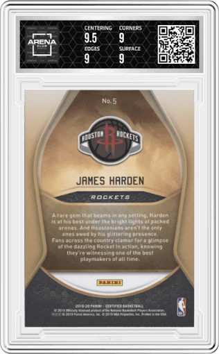 James Harden from the 2019-20 Panini Certified set featuring a Mirror Green parallel graded by Arena Club and given an overall grade of 9.