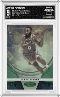 James Harden from the 2019-20 Panini Certified set featuring a Mirror Green parallel graded by Arena Club and given an overall grade of 9.