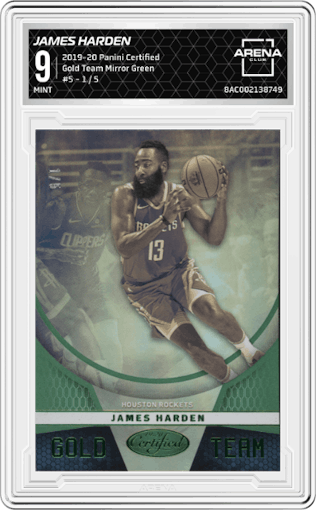 James Harden from the 2019-20 Panini Certified set featuring a Mirror Green parallel graded by Arena Club and given an overall grade of 9.