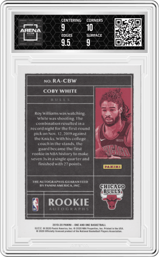 Coby White from the 2019-20 Panini One and One set graded by Arena Club and given an overall grade of 9.5.