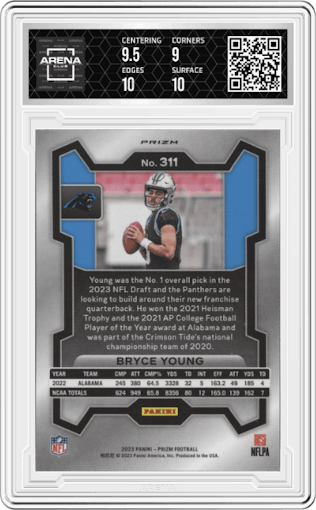 Bryce Young from the 2023 Panini Prizm set featuring a Black/White Checker parallel graded by Arena Club and given an overall grade of 9.5.
