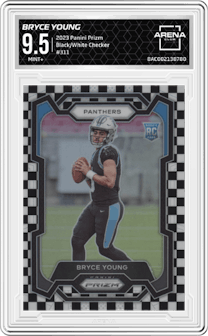 Bryce Young from the 2023 Panini Prizm set featuring a Black/White Checker parallel graded by Arena Club and given an overall grade of 9.5.