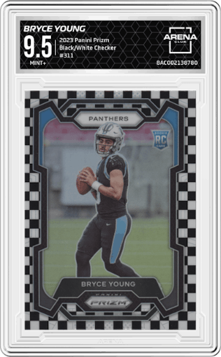 Bryce Young from the 2023 Panini Prizm set featuring a Black/White Checker parallel graded by Arena Club and given an overall grade of 9.5.